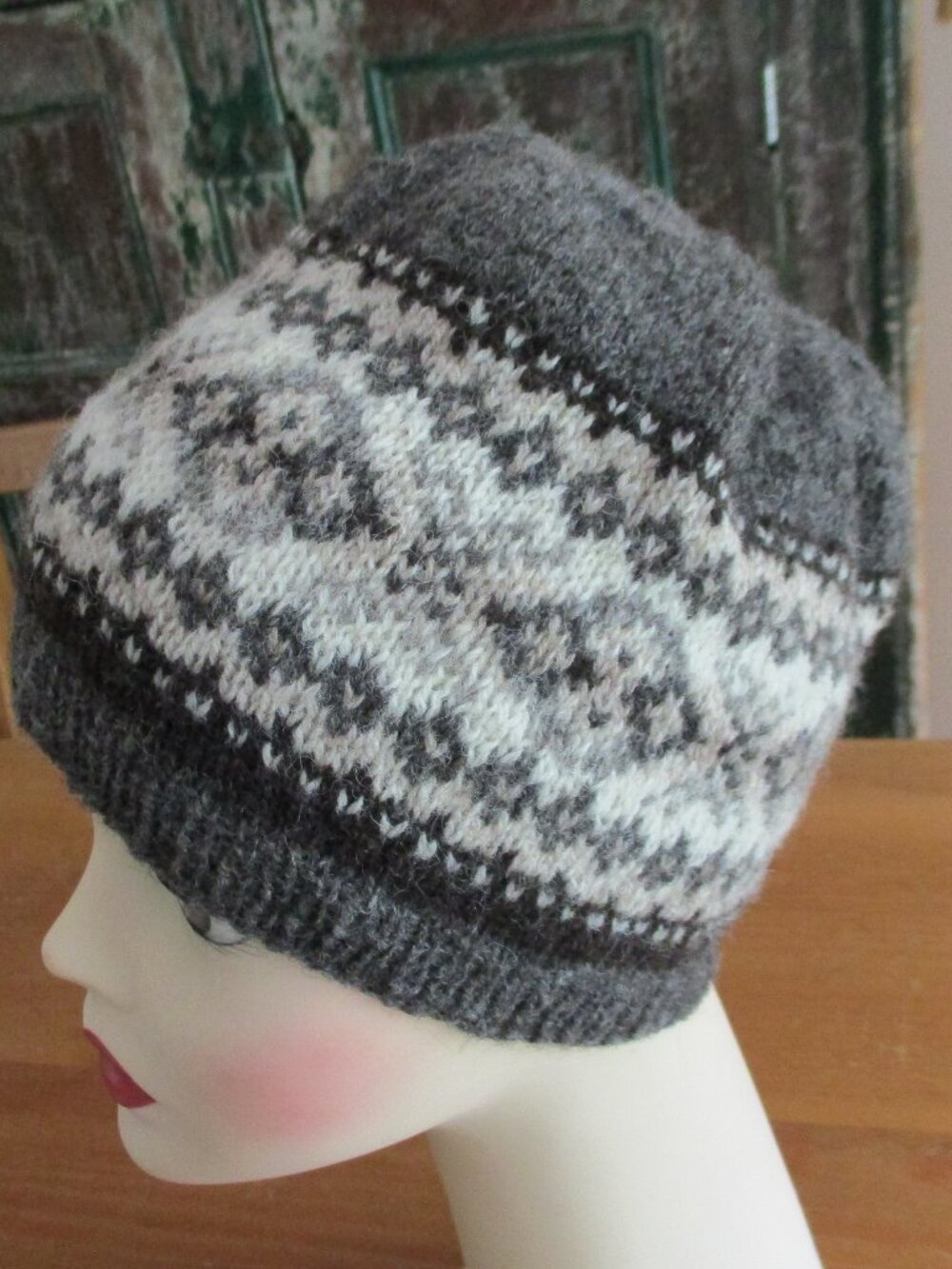 Hand Knit Fair Isle Hat, 100% Shetland Wool, Grays, Fits Most Adults 19-25 in.